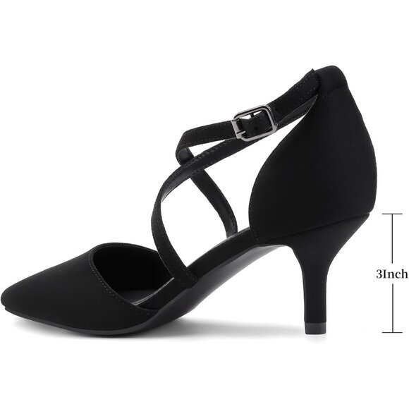 Women's Black Suede Polyurethane Pointed Toe Cross Strap Low Kitten Heel Pumps - Picture 4 of 6